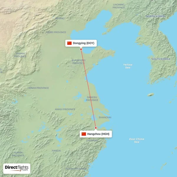 Hangzhou - Dongying direct flight map