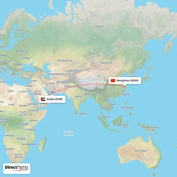 Hangzhou - Dubai direct flight map