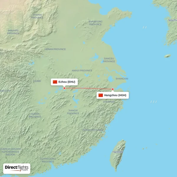 Hangzhou - Ezhou direct flight map