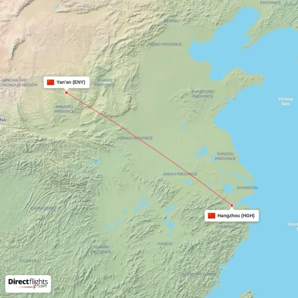 Hangzhou - Yan'an direct flight map