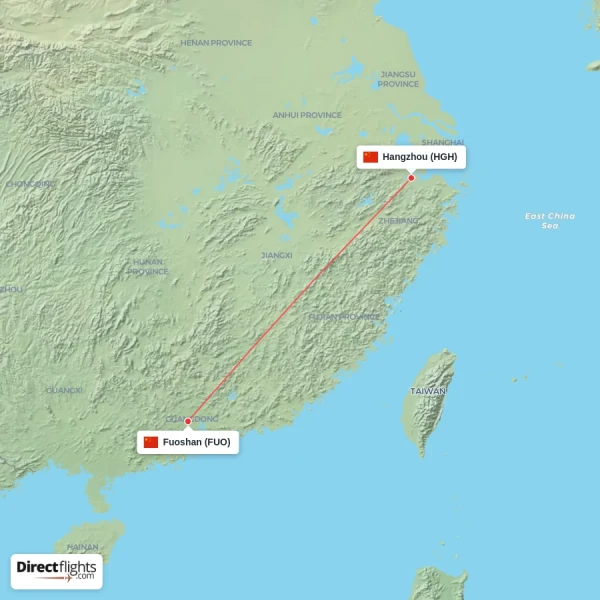 Hangzhou - Fuoshan direct flight map