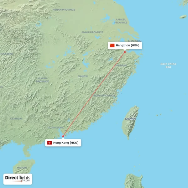 Hangzhou - Hong Kong direct flight map