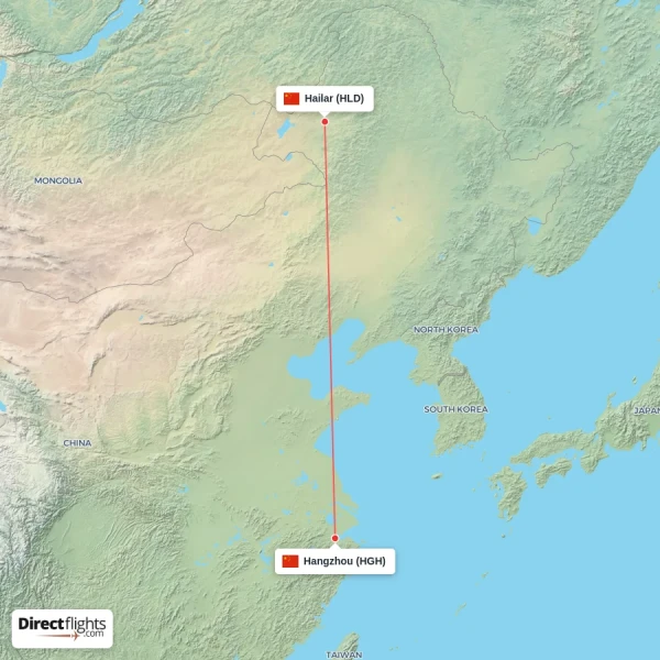 Hangzhou - Hailar direct flight map