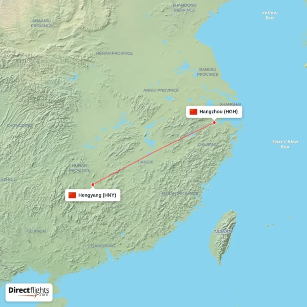 Hangzhou - Hengyang direct flight map