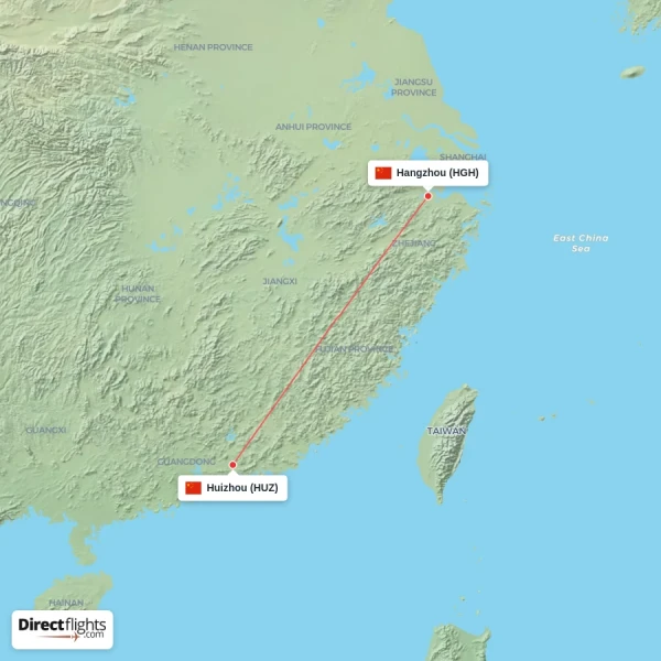 Hangzhou - Huizhou direct flight map