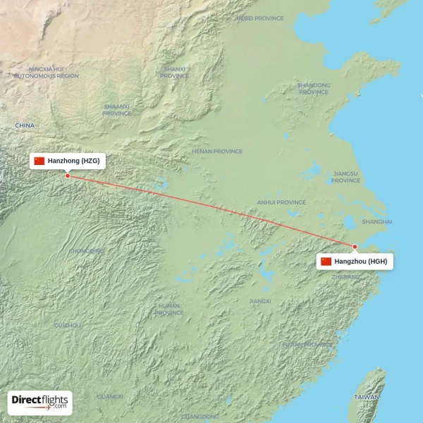 Hangzhou - Hanzhong direct flight map