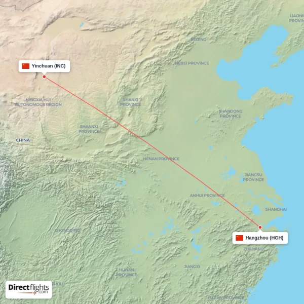 Hangzhou - Yinchuan direct flight map