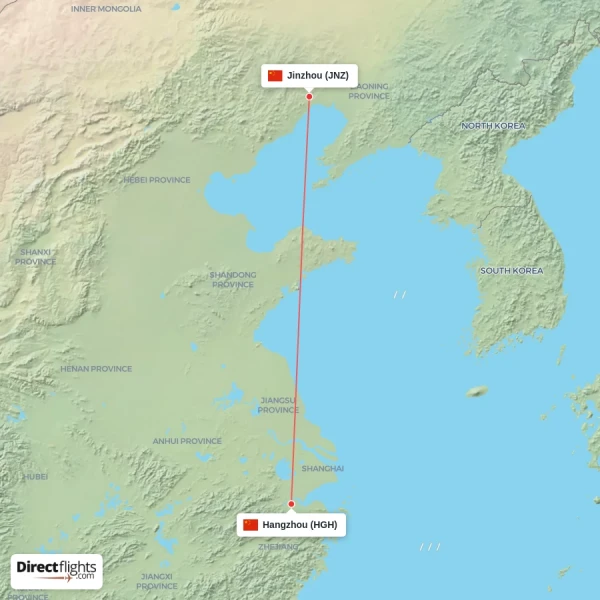 Hangzhou - Jinzhou direct flight map