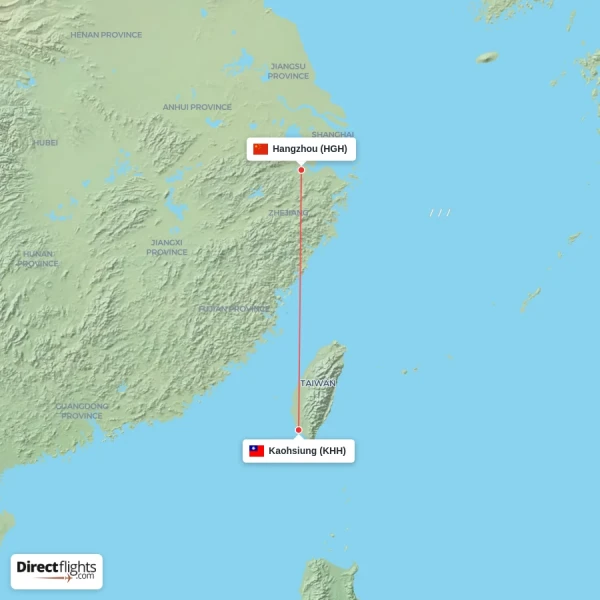 Hangzhou - Kaohsiung direct flight map