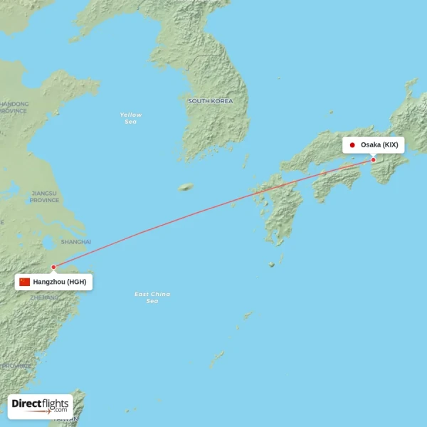 Hangzhou - Osaka direct flight map