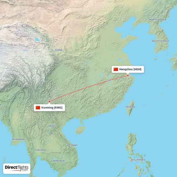 Hangzhou - Kunming direct flight map