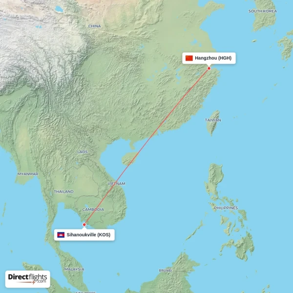 Hangzhou - Sihanoukville direct flight map