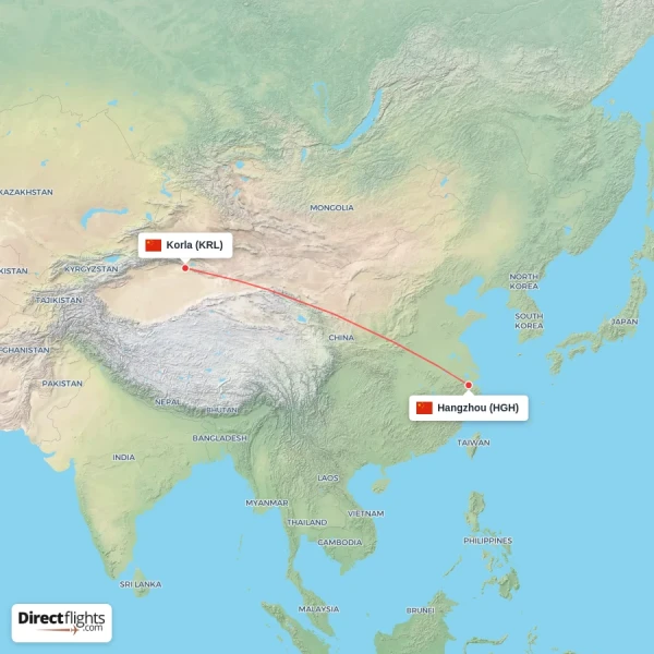 Hangzhou - Korla direct flight map