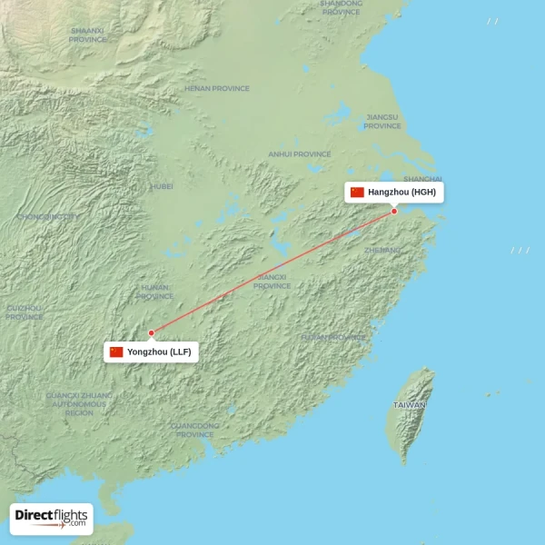 Hangzhou - Yongzhou direct flight map