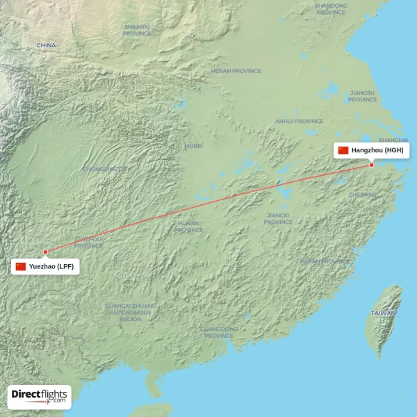 Hangzhou - Yuezhao direct flight map