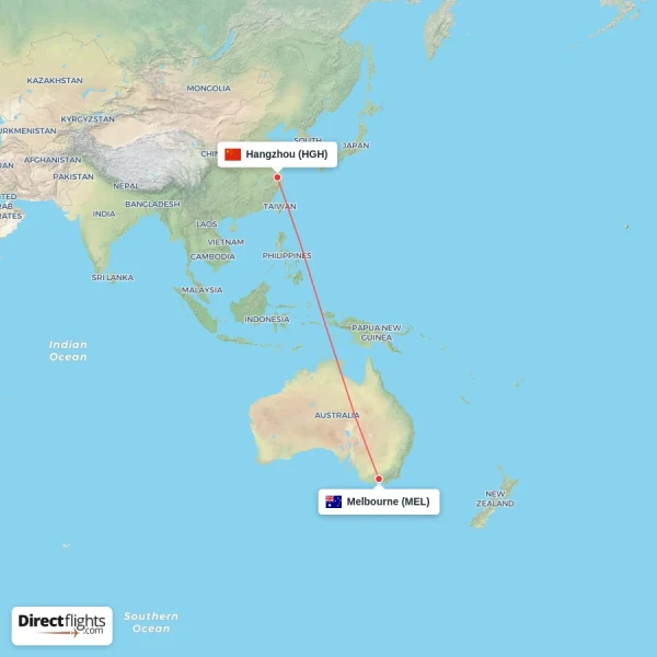 Hangzhou - Melbourne direct flight map