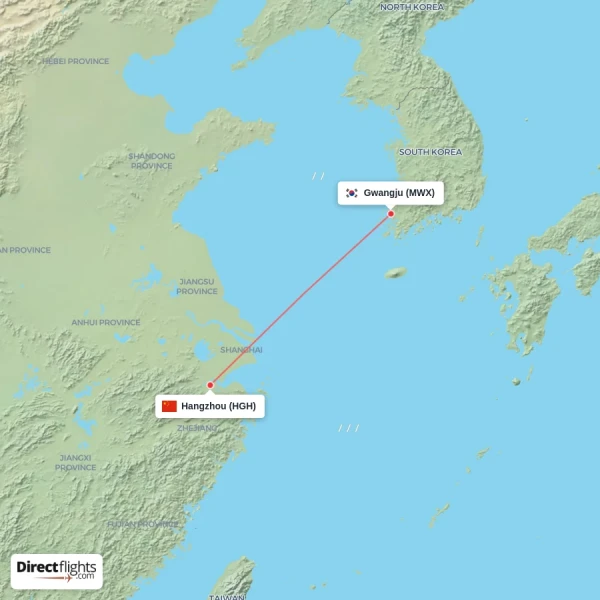 Hangzhou - Gwangju direct flight map