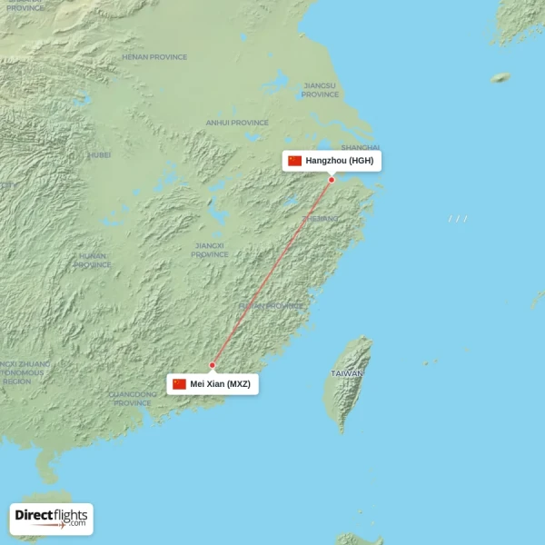 Hangzhou - Mei Xian direct flight map