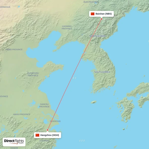 Hangzhou - Baishan direct flight map