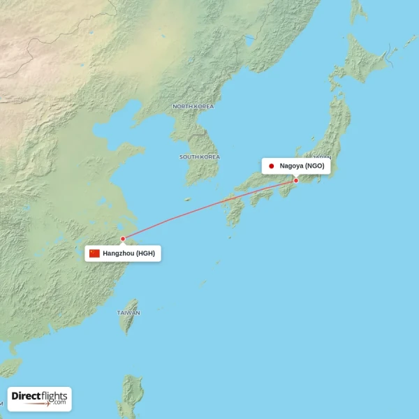 Hangzhou - Nagoya direct flight map