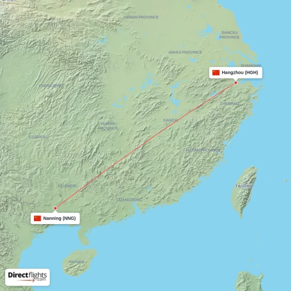 Hangzhou - Nanning direct flight map