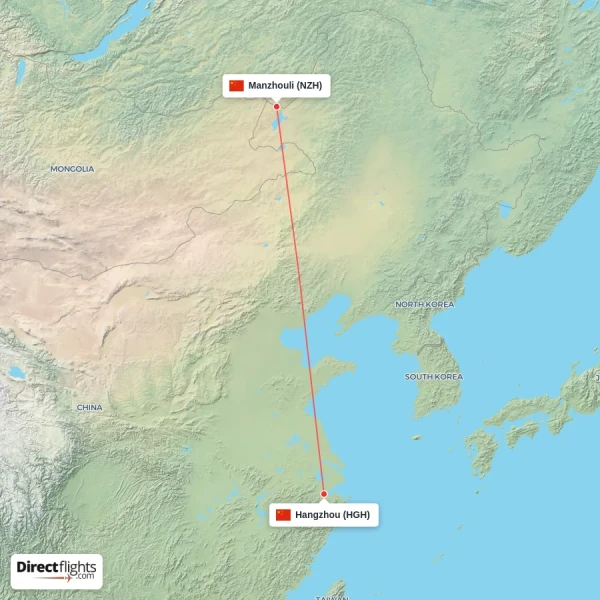Hangzhou - Manzhouli direct flight map