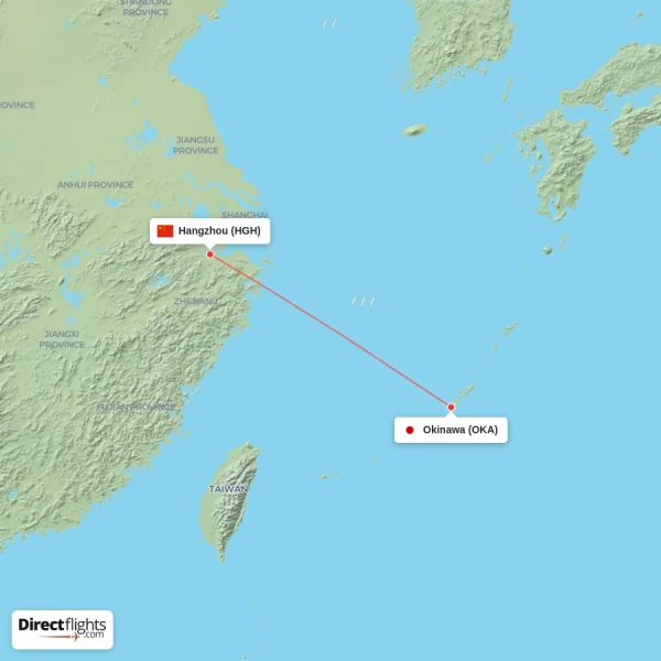 Hangzhou - Okinawa direct flight map