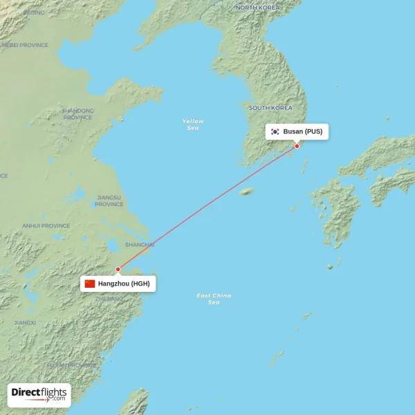 Hangzhou - Busan direct flight map