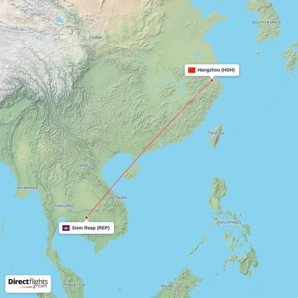 Hangzhou - Siem Reap direct flight map