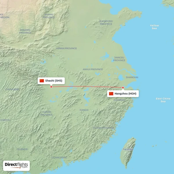 Hangzhou - Shashi direct flight map