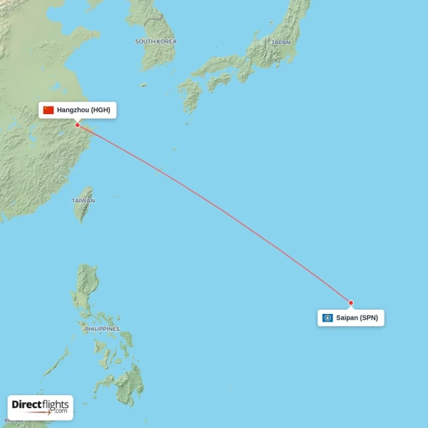 Hangzhou - Saipan direct flight map
