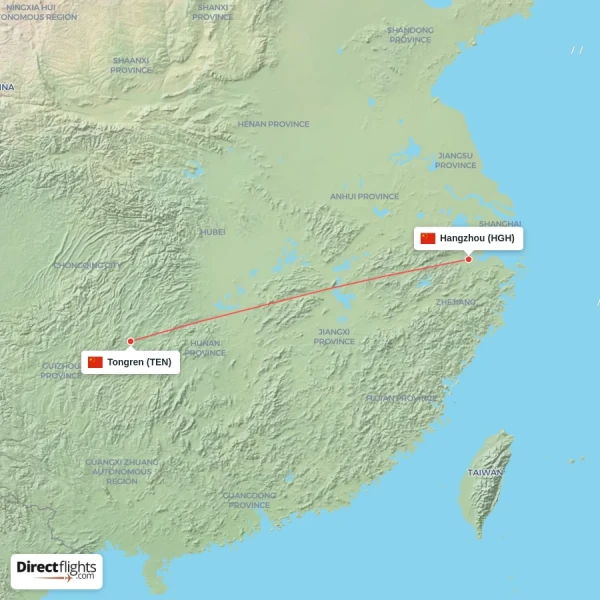 Hangzhou - Tongren direct flight map
