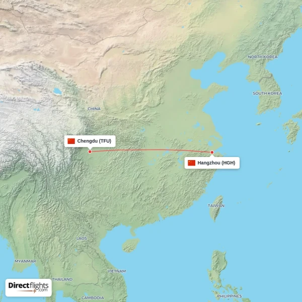 Hangzhou - Chengdu direct flight map