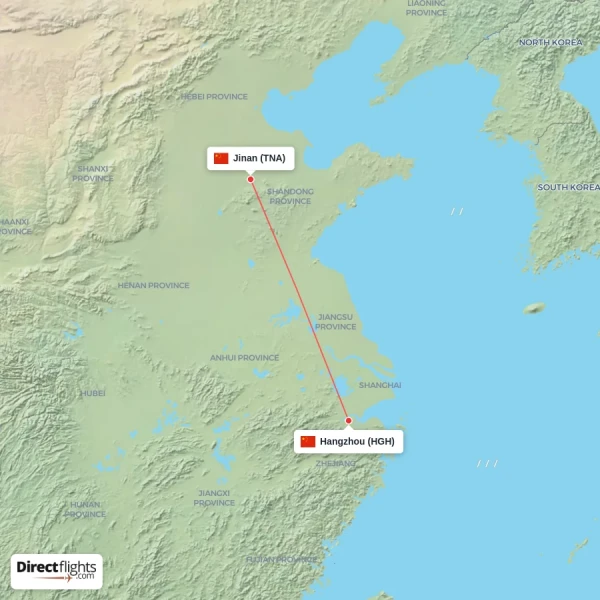 Hangzhou - Jinan direct flight map