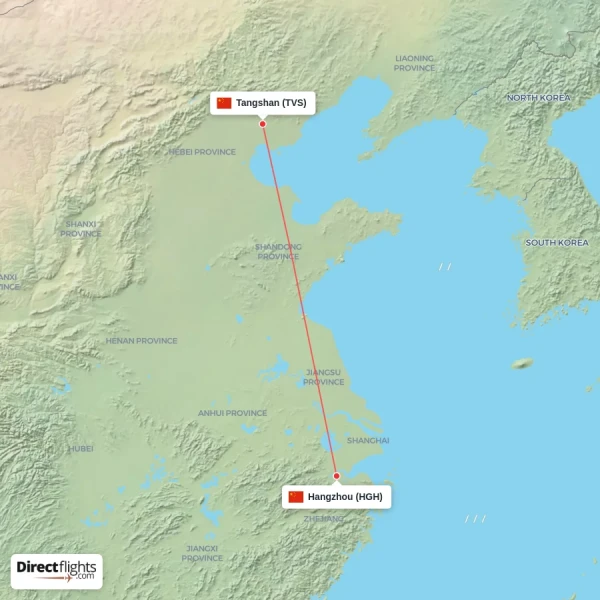 Hangzhou - Tangshan direct flight map