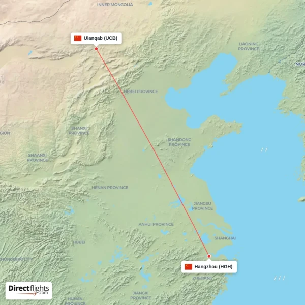 Hangzhou - Ulanqab direct flight map