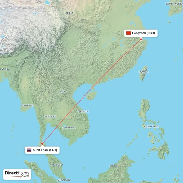 Hangzhou - Surat Thani direct flight map