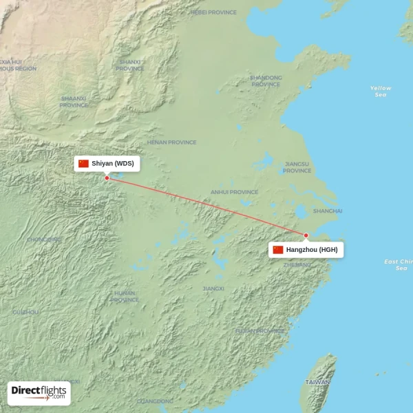 Hangzhou - Shiyan direct flight map