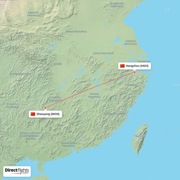 Hangzhou - Shaoyang direct flight map