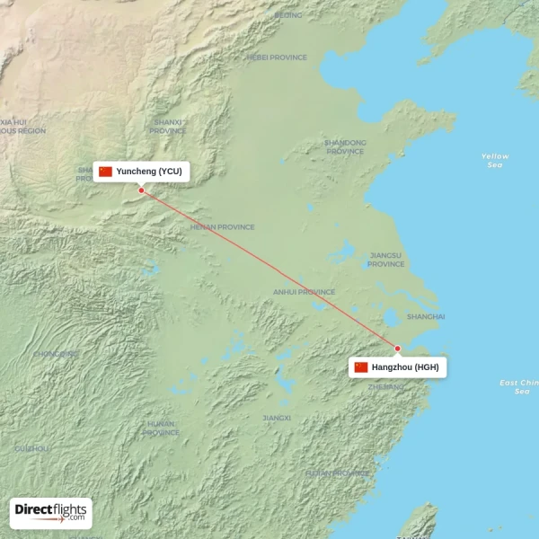 Hangzhou - Yuncheng direct flight map