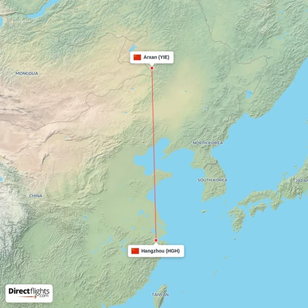 Hangzhou - Arxan direct flight map