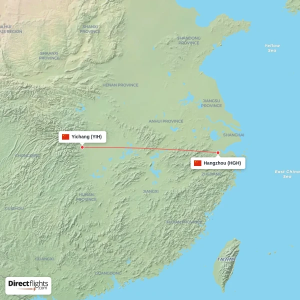 Hangzhou - Yichang direct flight map