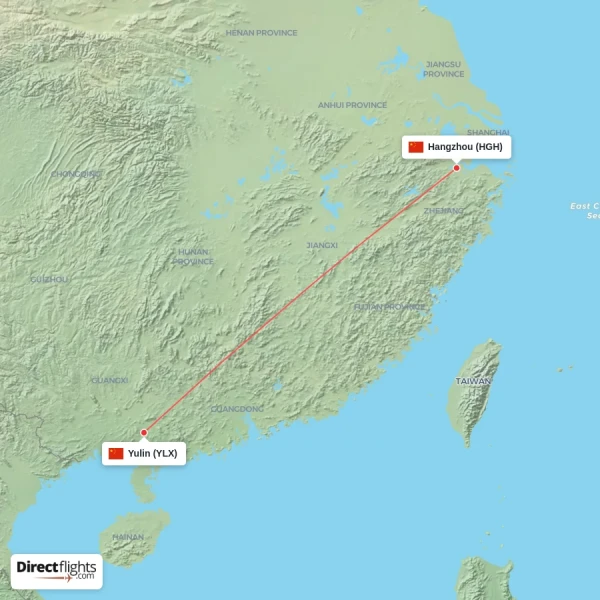 Hangzhou - Yulin direct flight map