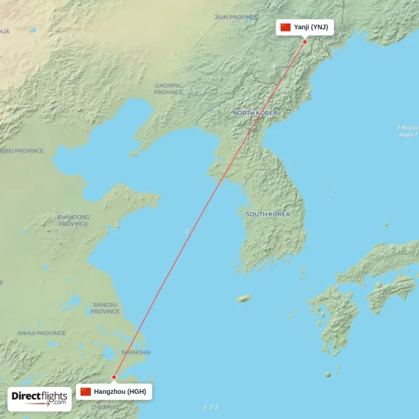 Hangzhou - Yanji direct flight map
