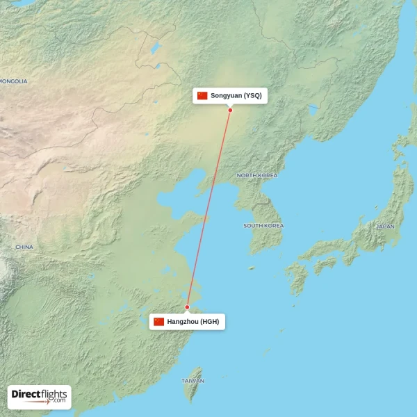 Hangzhou - Songyuan direct flight map