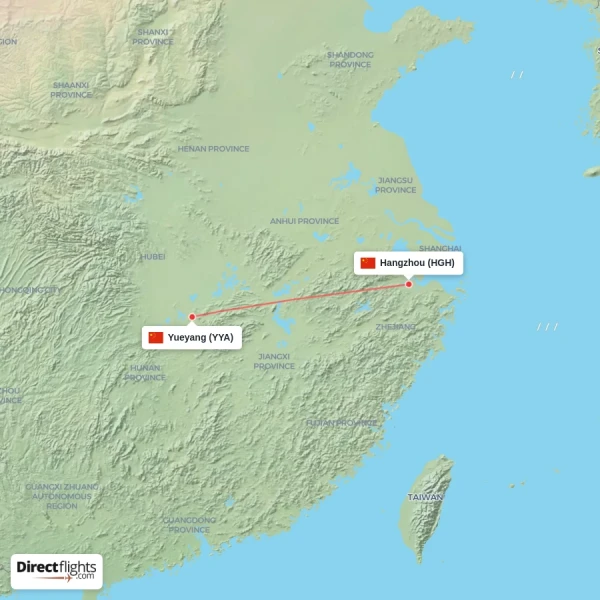 Hangzhou - Yueyang direct flight map