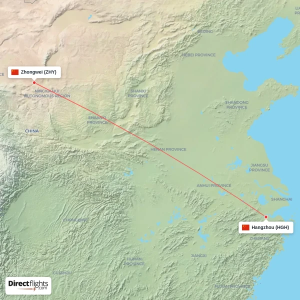 Hangzhou - Zhongwei direct flight map