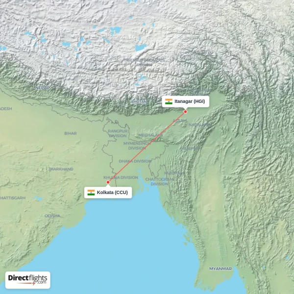 Itanagar - Kolkata direct flight map