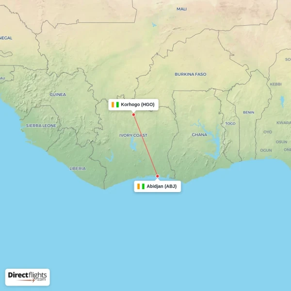 Korhogo - Abidjan direct flight map