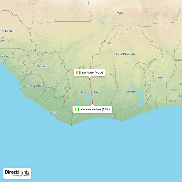 Korhogo - Yamoussoukro direct flight map